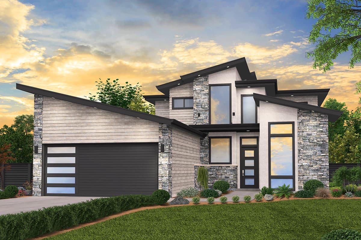 Modern house plan exterior with angled rooflines, horizontal siding, stone accents, and a multi-panel garage door.