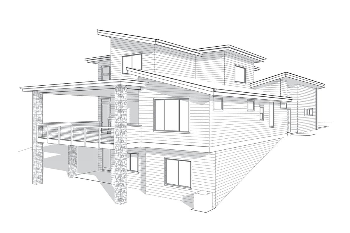 Modern house plan exterior with stacked stone columns supporting a covered deck, horizontal siding, and intersecting rooflines.
