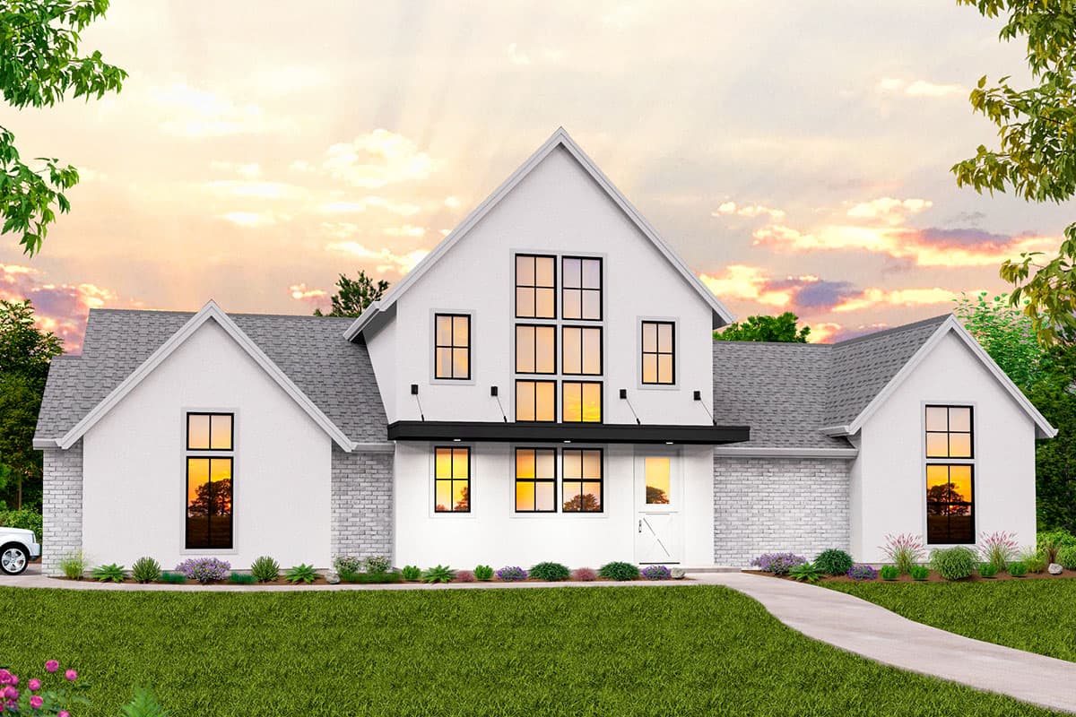 House plan exterior rendering. Modern farmhouse style with gabled rooflines, a large multi-pane window, and a covered entry.