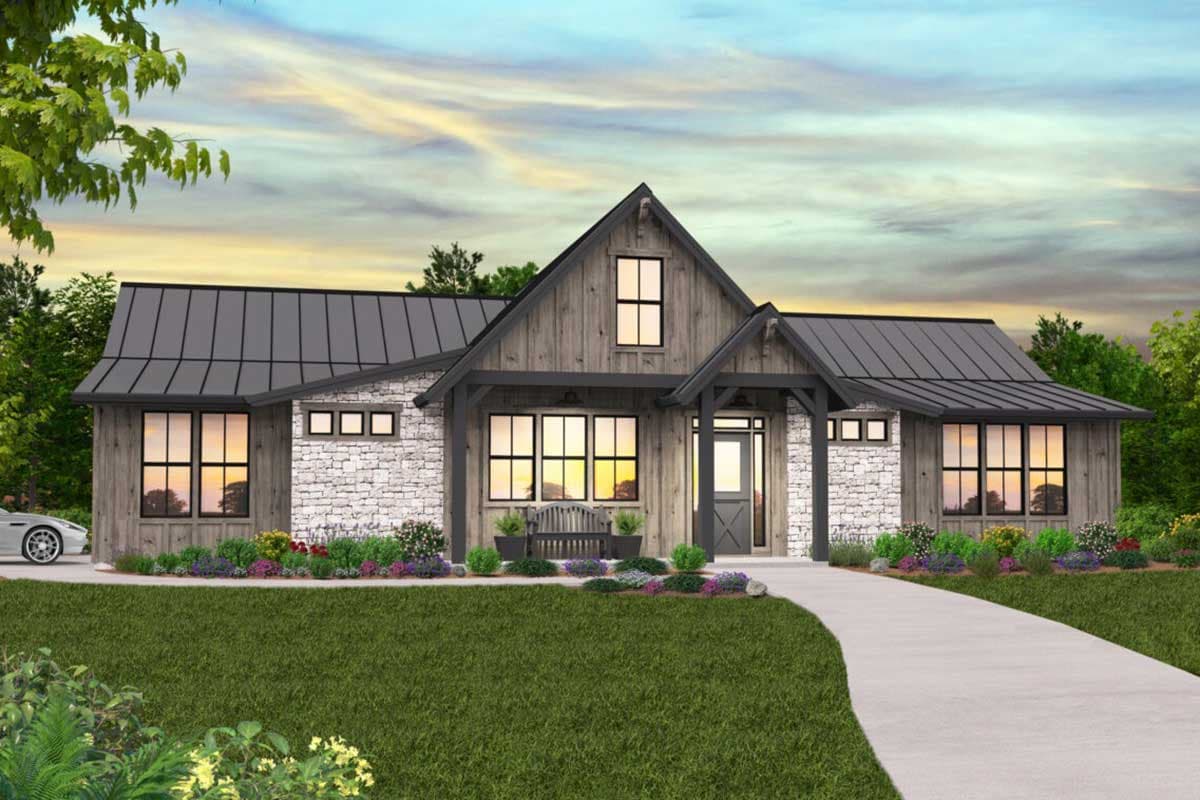 House plan exterior: Modern Farmhouse, one story, metal roof, stone and wood siding, covered entry, gabled dormer.