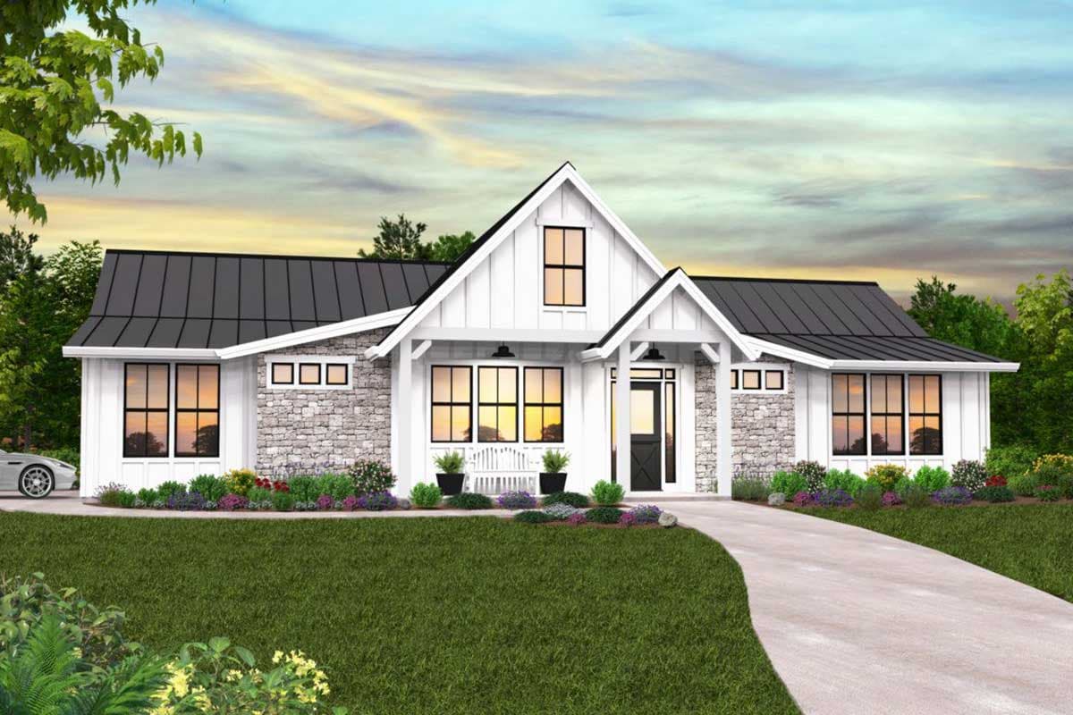 House plan exterior rendering. Modern Farmhouse style with a gabled roof, stone accents, and a covered porch. Single-story with large windows.