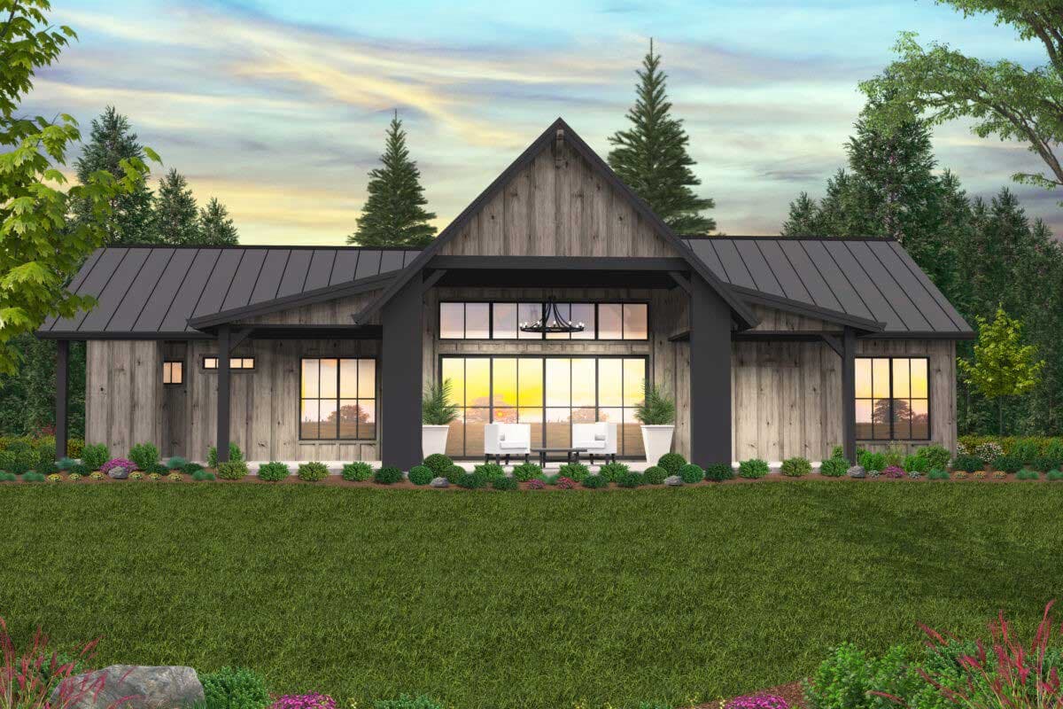 Modern Farmhouse house plan exterior with wood siding, gabled roof, large windows, and covered porch.