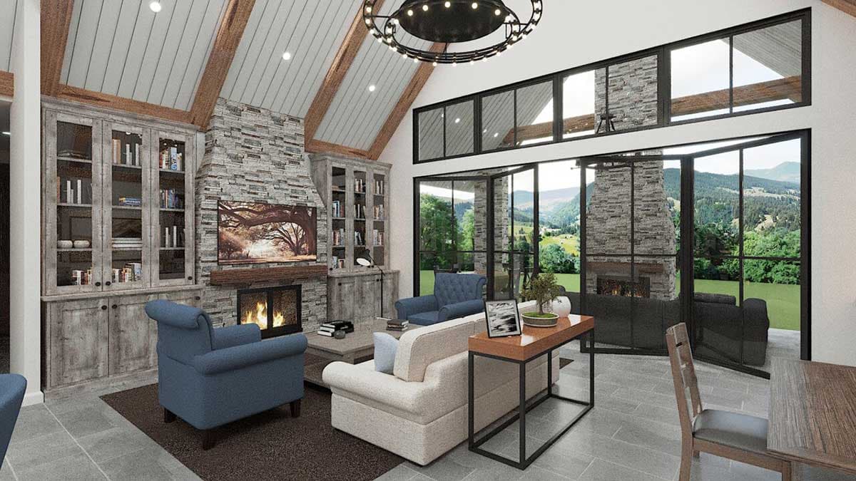 Interior rendering: Living area with vaulted ceiling, stone fireplace, built-in bookshelves, and large windows.