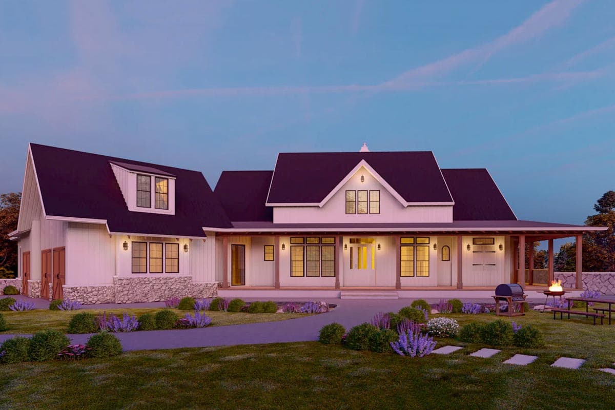 Modern Farmhouse house plan exterior with a wraparound porch, dormer, and stone foundation accents.