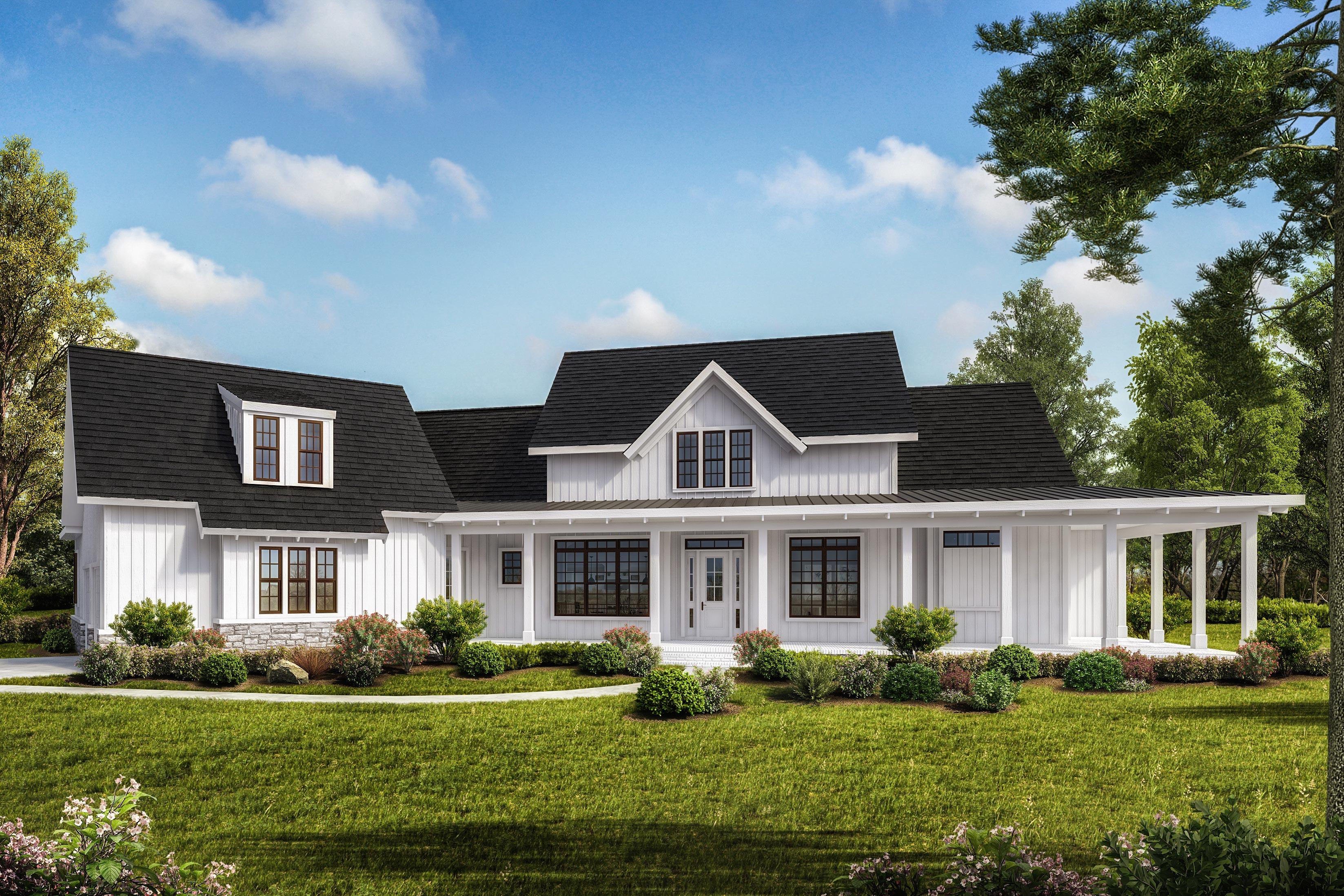 House plan exterior rendering. Modern Farmhouse style with a front porch, gables, and dormers. Two stories with a white facade and black roof.