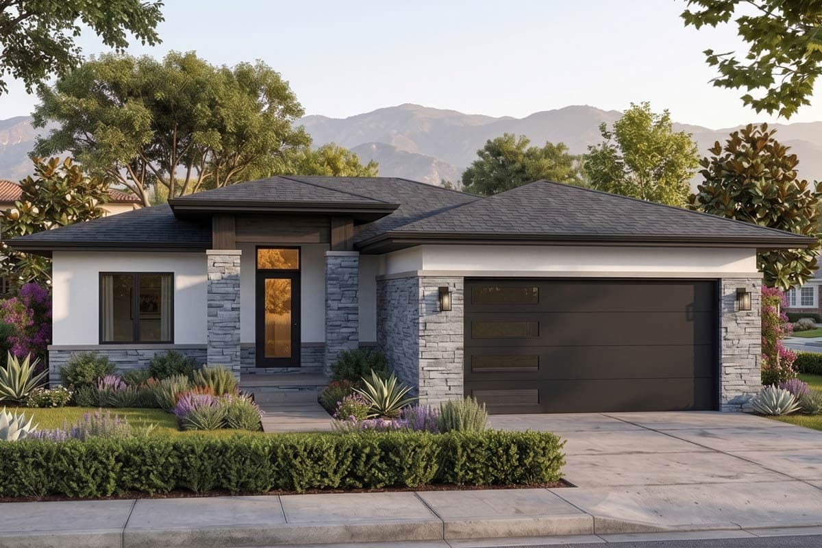 House plan exterior with modern style, one story, brick columns, flat roof, and an attached garage with a contemporary door.