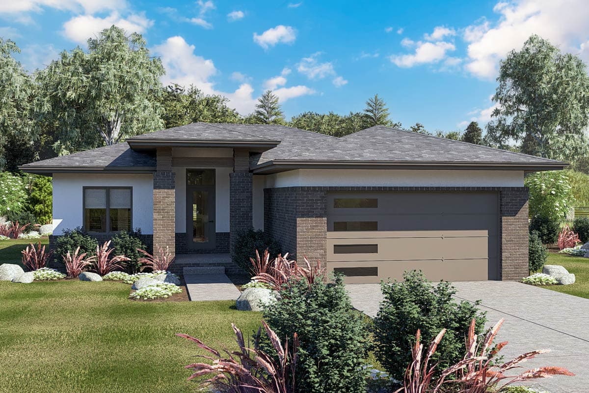House plan exterior with modern style, one story, brick columns, flat roof, and an attached garage with a contemporary door.