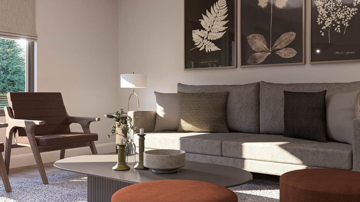 Living room rendering with sofa, chairs, coffee table, and botanical art above sofa.