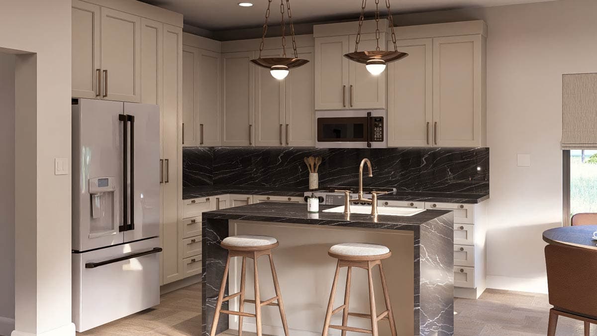 Modern kitchen with light cabinetry, island with waterfall countertop, stainless steel refrigerator, and dark veined backsplash.