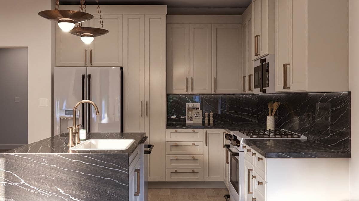 Kitchen interior with island sink, white cabinetry, dark marble backsplash, and stainless steel appliances.