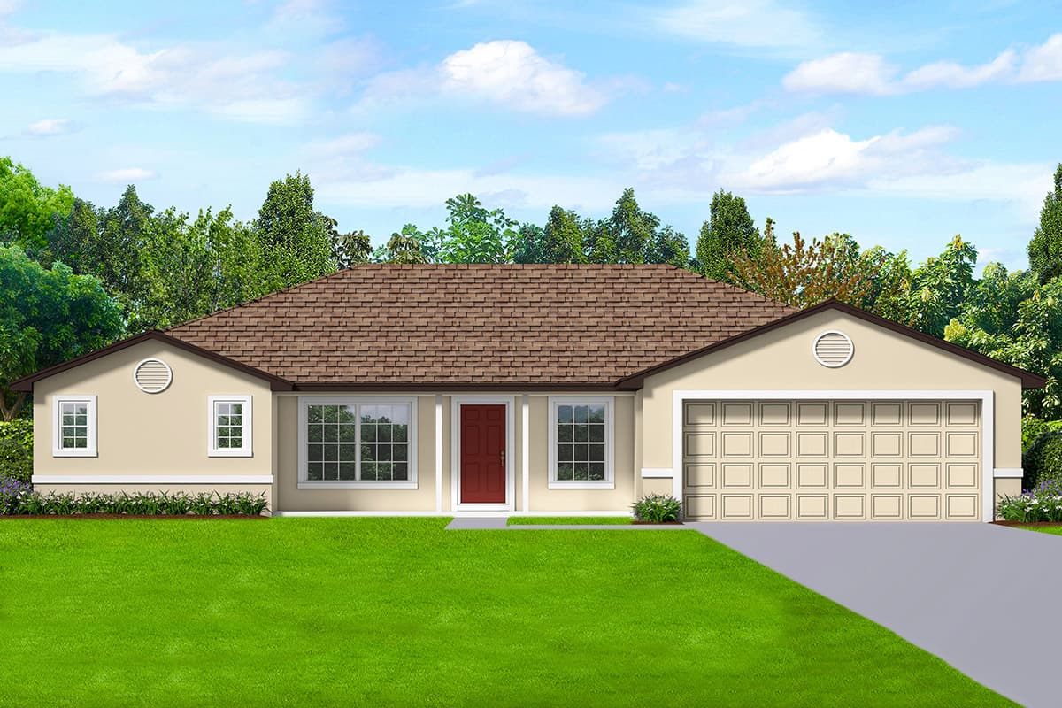 House plan exterior view of a single-story Ranch style home with a hip roof, a front-entry garage, and a symmetrical facade with small, round vents.