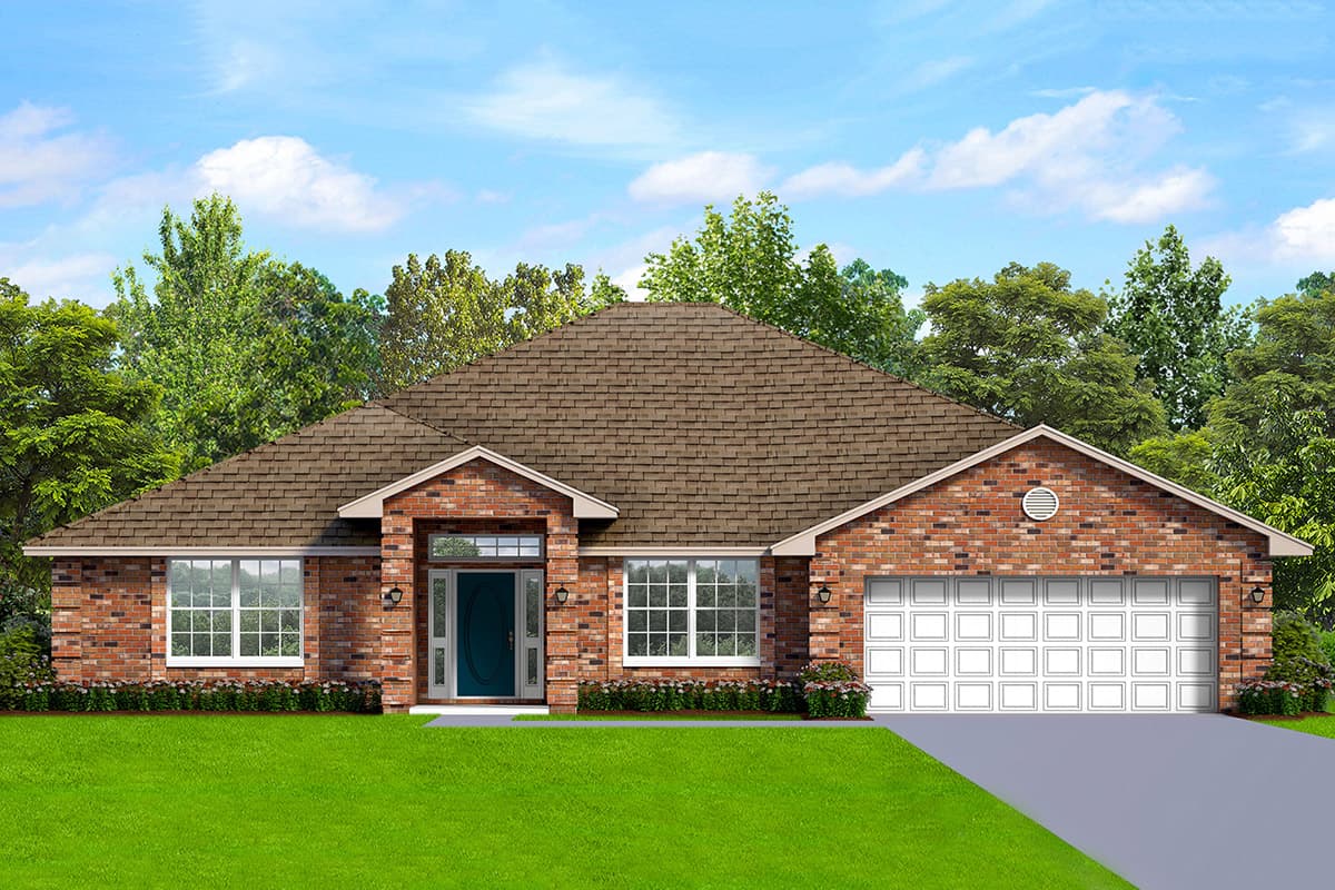 House plan exterior. Single-story brick home with a gable roof, front-entry garage, and a covered entry porch with sidelights.