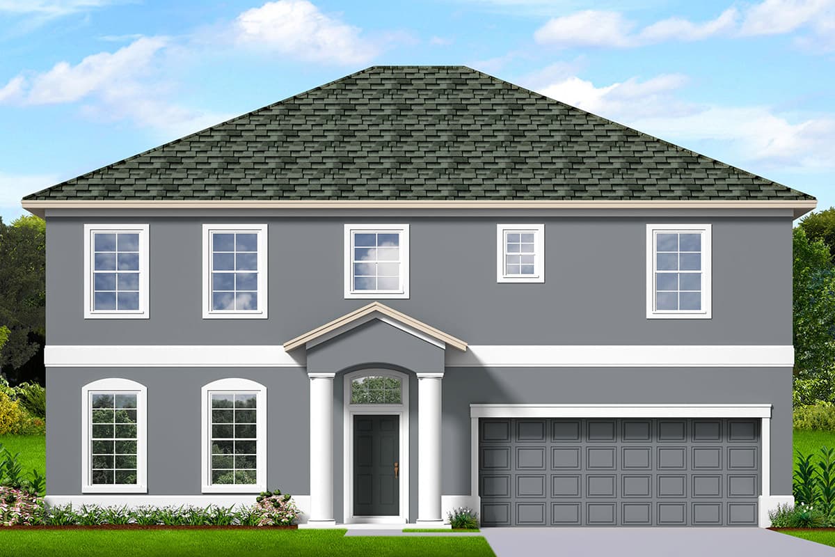 House plan exterior. Two-story Colonial-style home with gabled roof, entry porch with columns, and attached garage. Multiple rectangular windows.