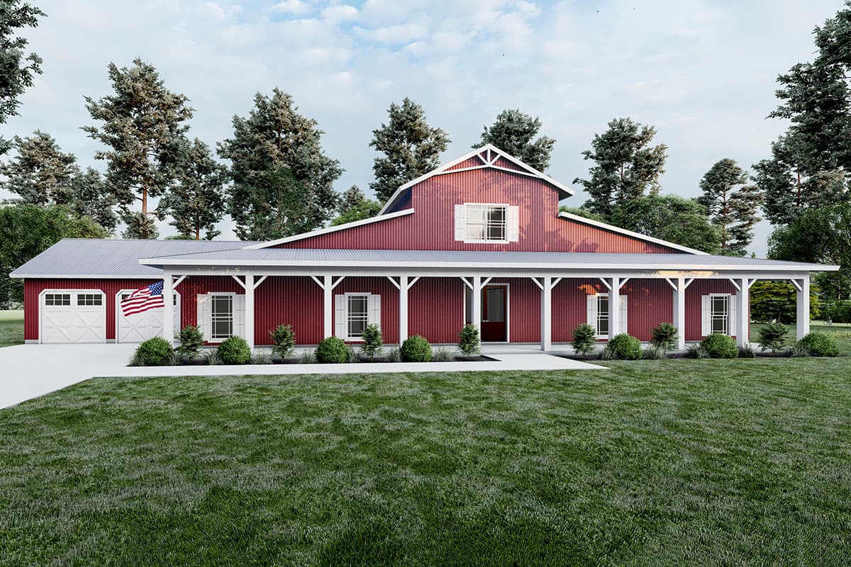 House plan exterior. Red barn-style house with one story, porch with columns, gabled roof, and attached garage.