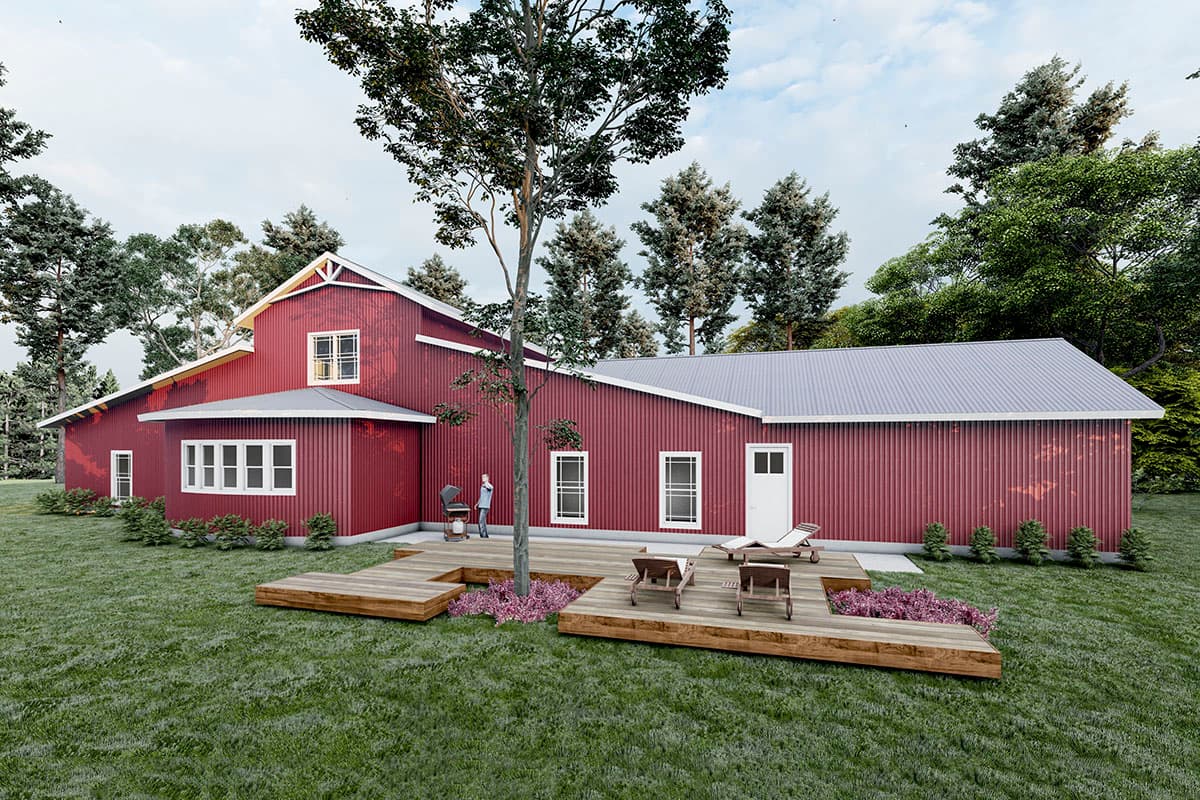 House plan exterior with gambrel roof, corrugated red siding, multiple dormers, and a wraparound wooden deck with lounge chairs.