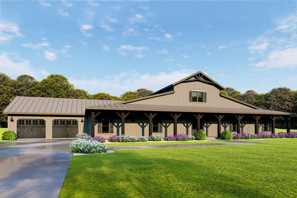 Modern Farmhouse house plan exterior with a metal roof, wide covered porch, and a three-car side-entry garage.