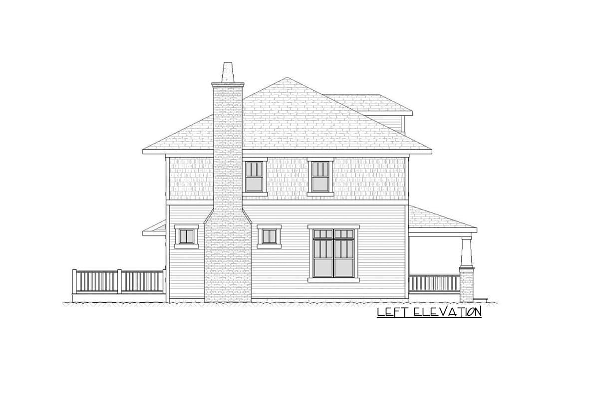 Left elevation house plan with a prominent brick chimney, varying siding textures, and a covered porch.