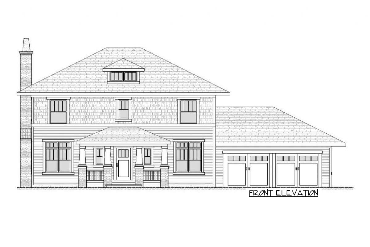Front elevation of a two-story house plan featuring a covered front porch, prominent gables, and a four-car garage.
