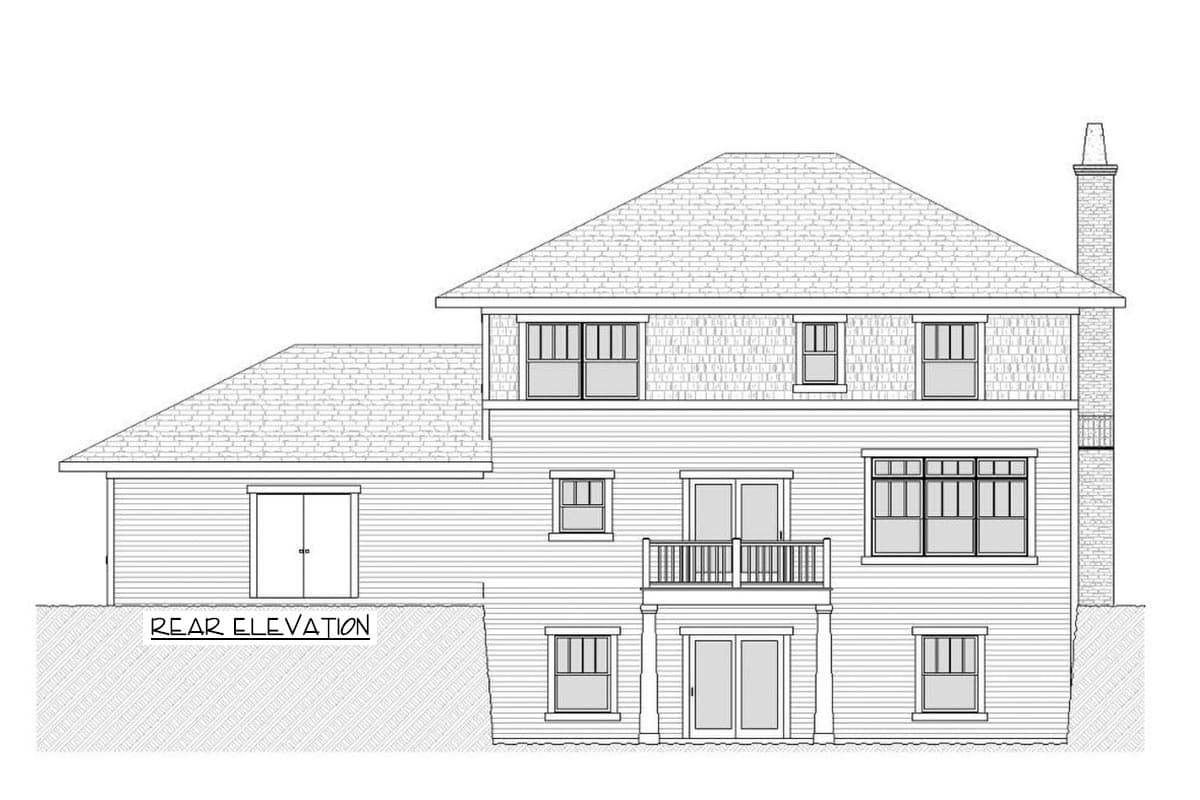 Rear elevation drawing of a multi-story house plan with a gambrel roof, dormers, balcony, and brick chimney.