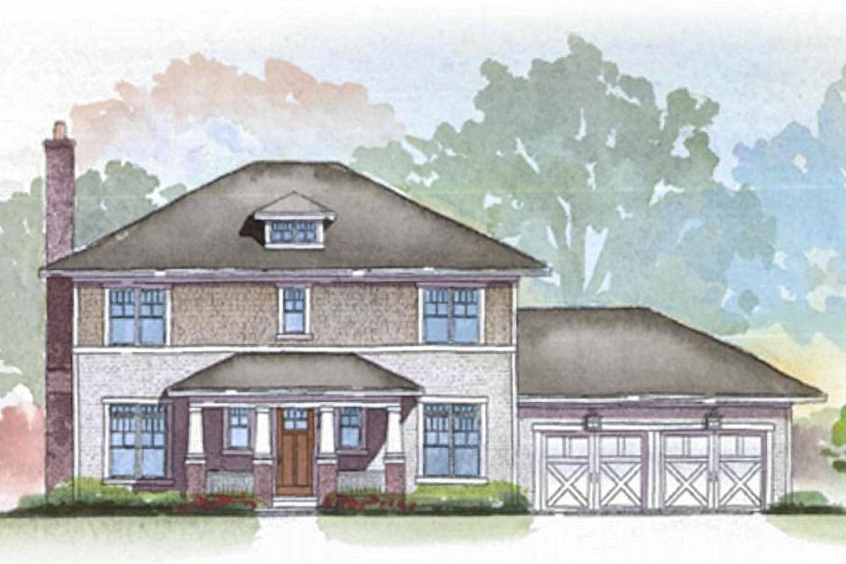 House plan exterior: Two-story home with a dormer, covered front porch, and attached three-car garage.