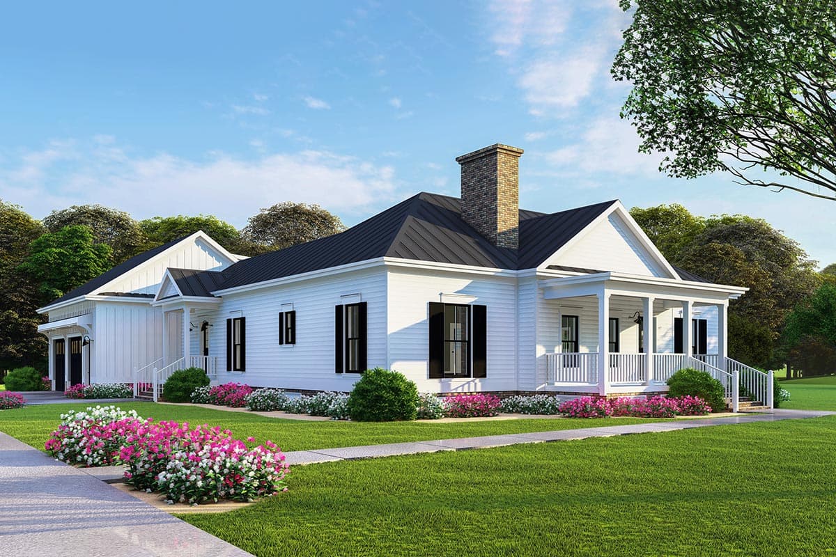 House plan exterior. Two-story, farmhouse-style home with gabled roof, covered porch, and brick chimney.