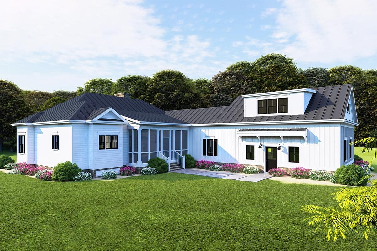 House plan exterior: White, one-story modern farmhouse with metal roof, screened porch, dormers, and gabled entry.