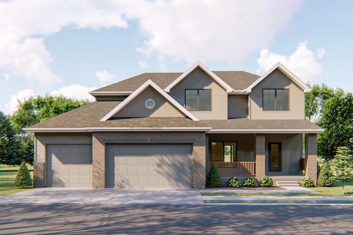 House plan exterior. Two-story home with a gabled roof, brick accents, a front porch with columns, and a two-car garage.