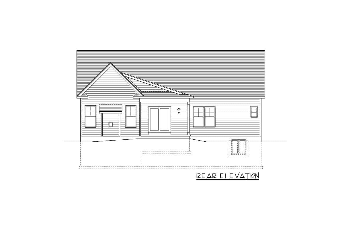 Rear elevation drawing of a house plan, showing vinyl siding, a gable roof, sliding door, and three windows.