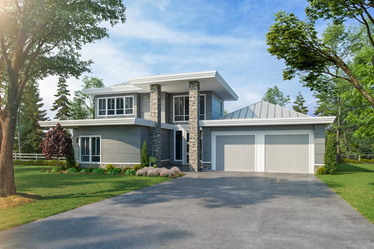 Modern house plan exterior with two stories, stone-clad columns, flat rooflines, and a two-car garage. A long driveway leads to the home.