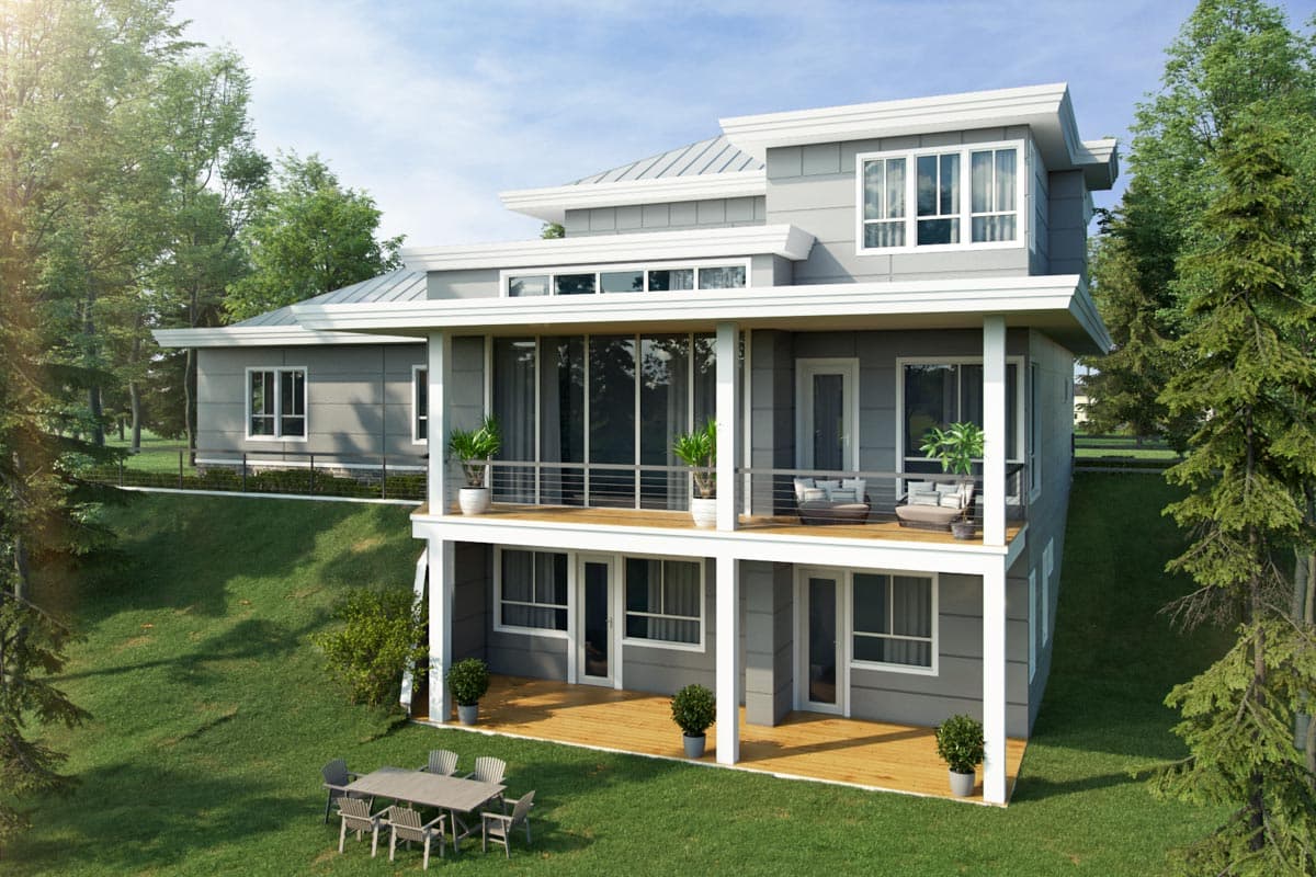 Modern house plan exterior with two stories, flat rooflines, balconies, and large windows.