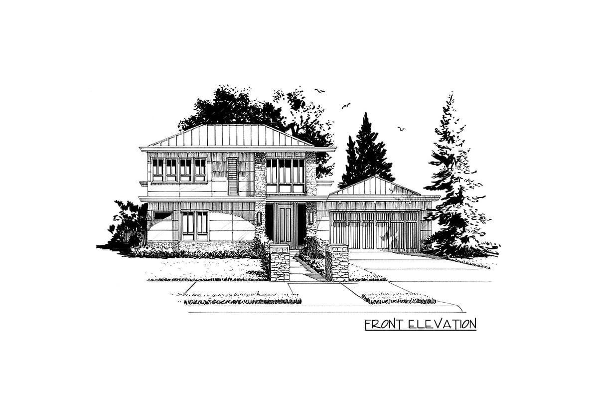 Front elevation house plan: two-story, metal gable roof, stacked stone and horizontal siding, multi-pane windows, attached garage with wood doors.