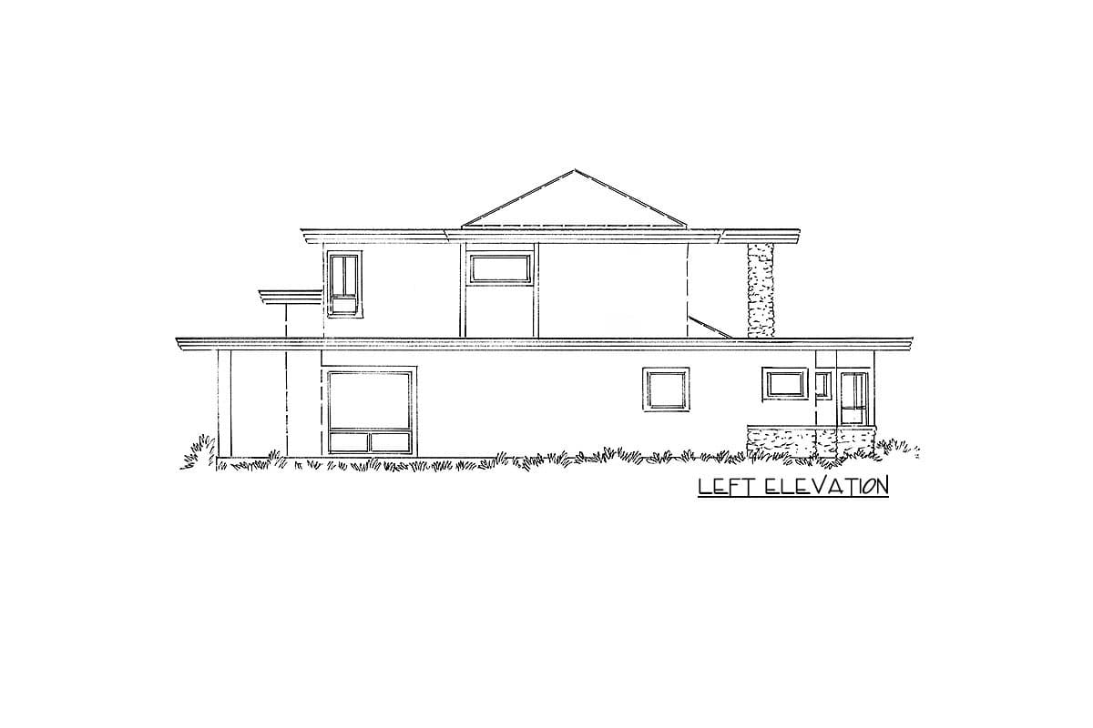 Left elevation drawing of a two-story house plan with a hip roof, cantilevered sections, and stone accents.