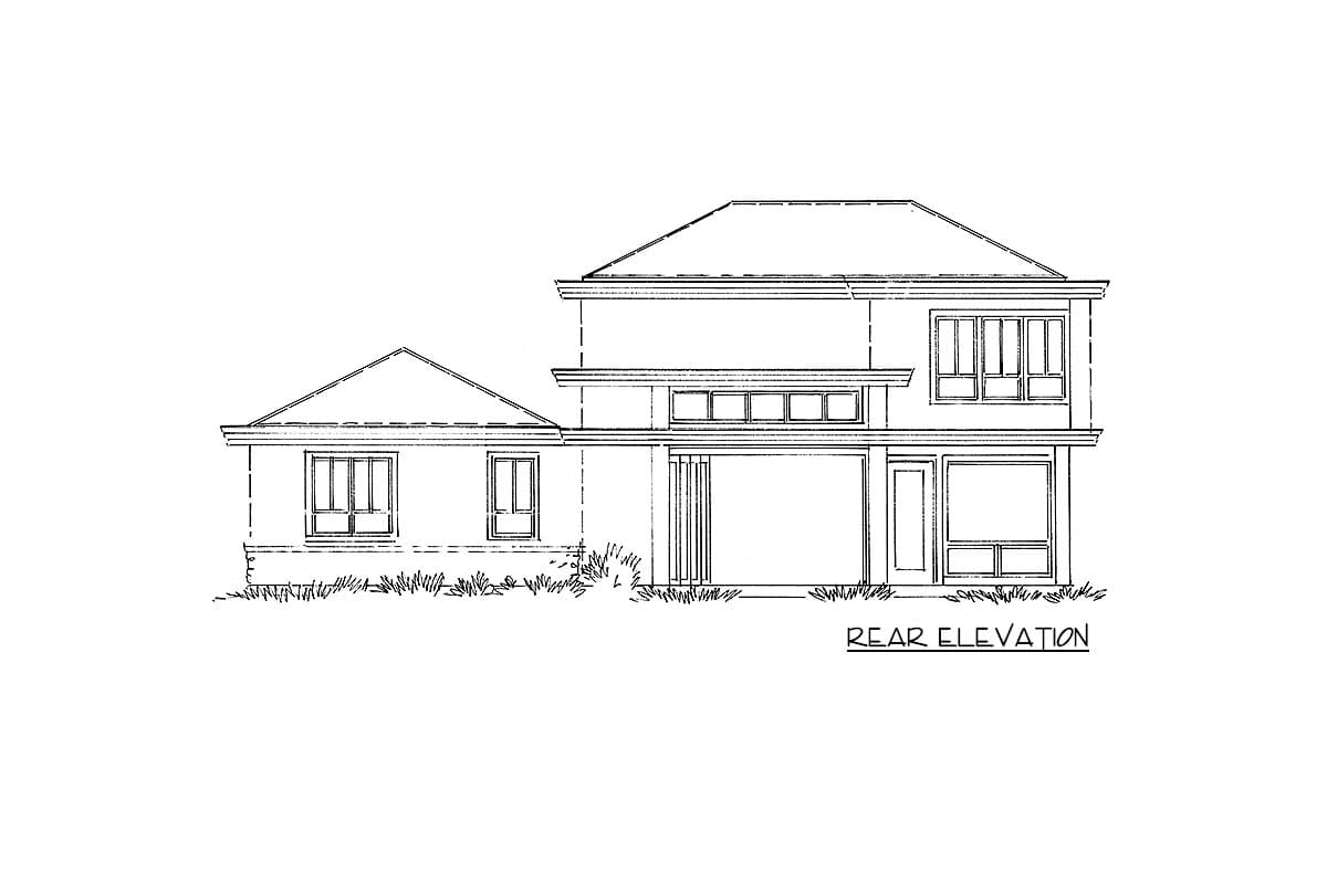 Rear elevation drawing of a two-story house with a lower single-story section, featuring multiple windows and a flat roof.