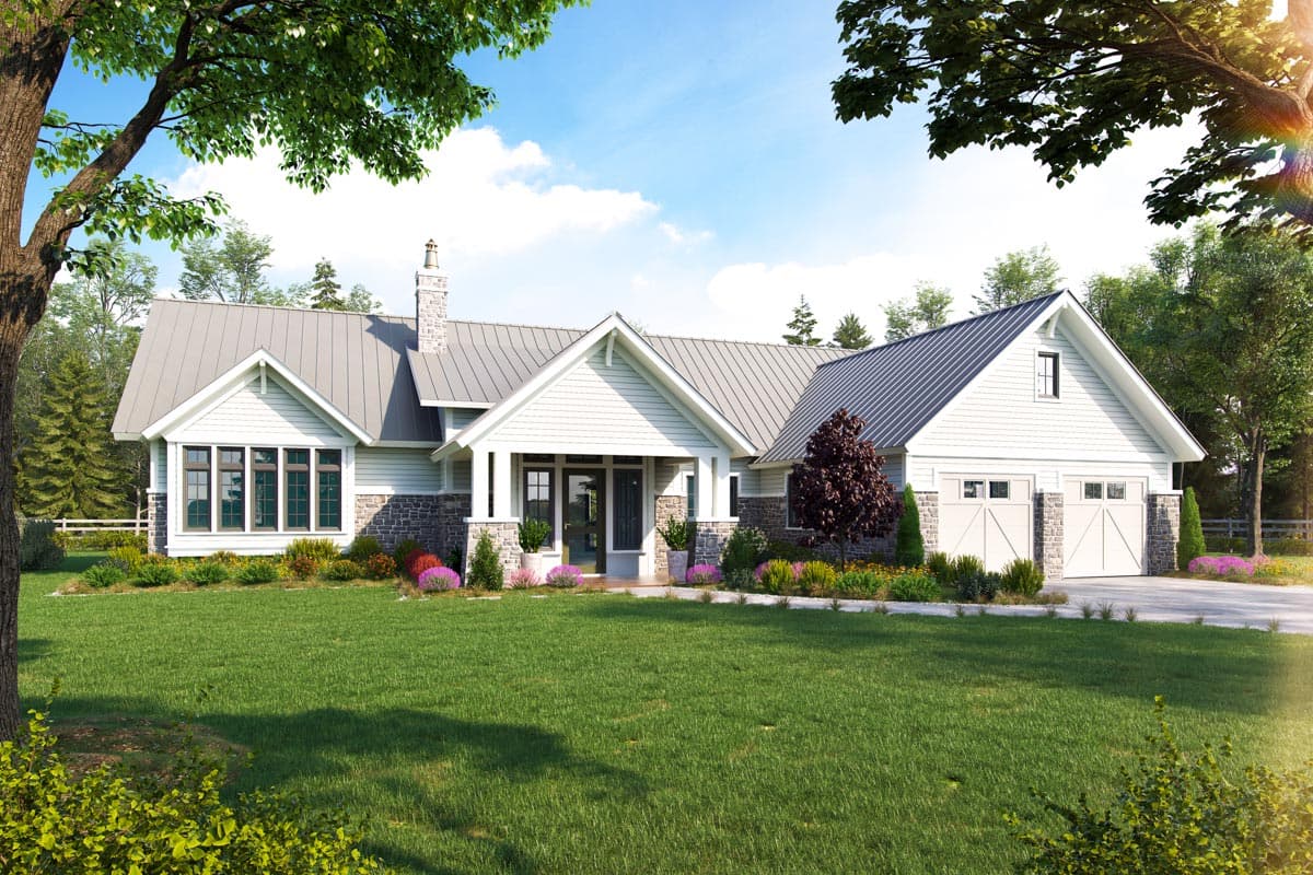 House plan exterior. Ranch style, one story. Features include multiple gables, a covered front porch, stone accents, and a two-car garage.