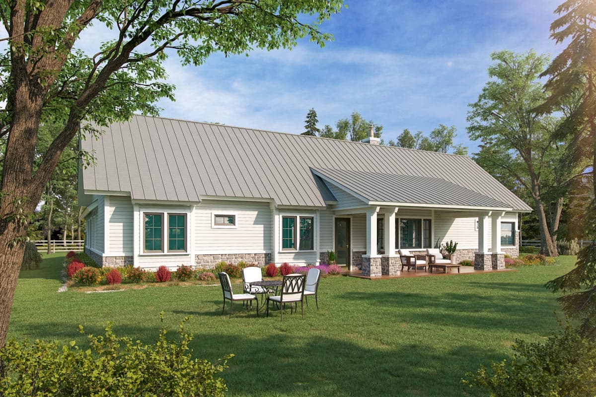 House plan exterior of a one-story Modern Farmhouse with a metal roof, stone accents, and a covered porch.