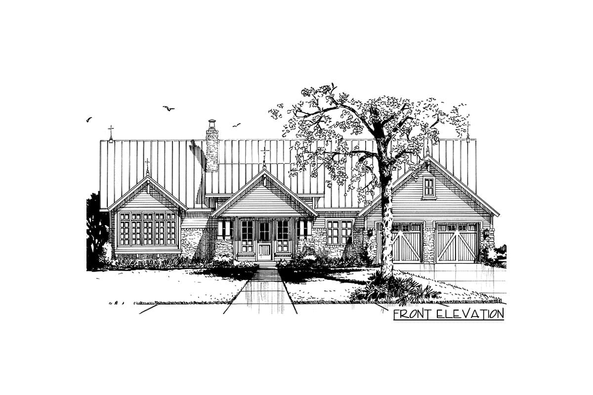 Front elevation of a one-story house plan with a covered front porch, prominent gables, stone accents, and a detached two-car garage.