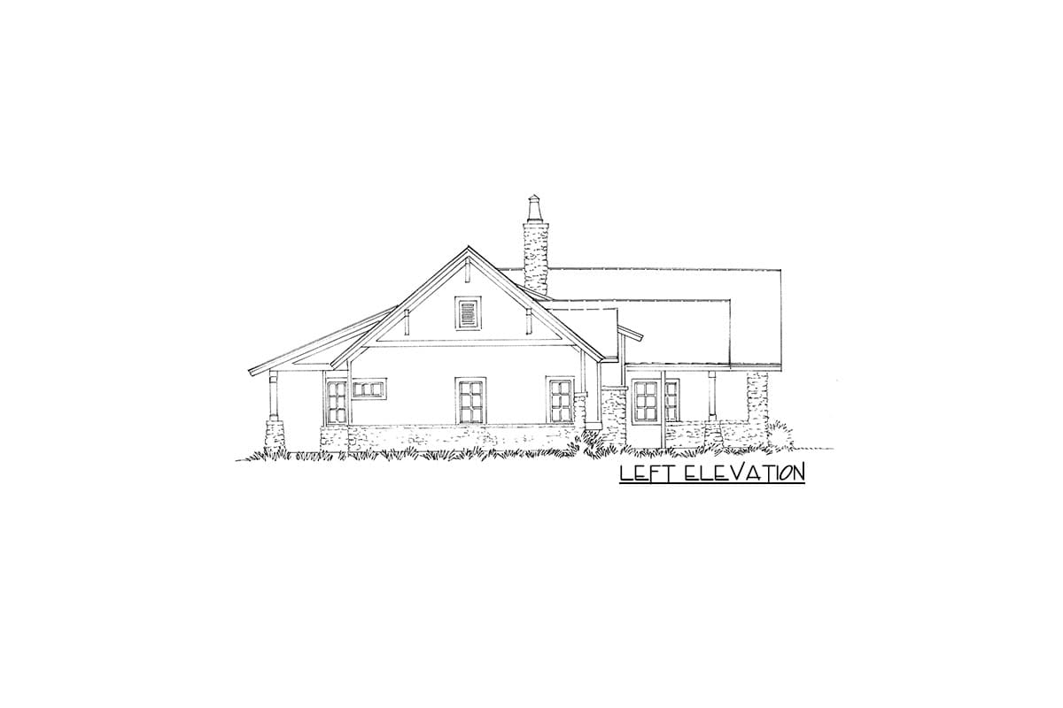 Left elevation house plan with prominent gable, stone chimney, porch supported by stone piers, and multiple windows.