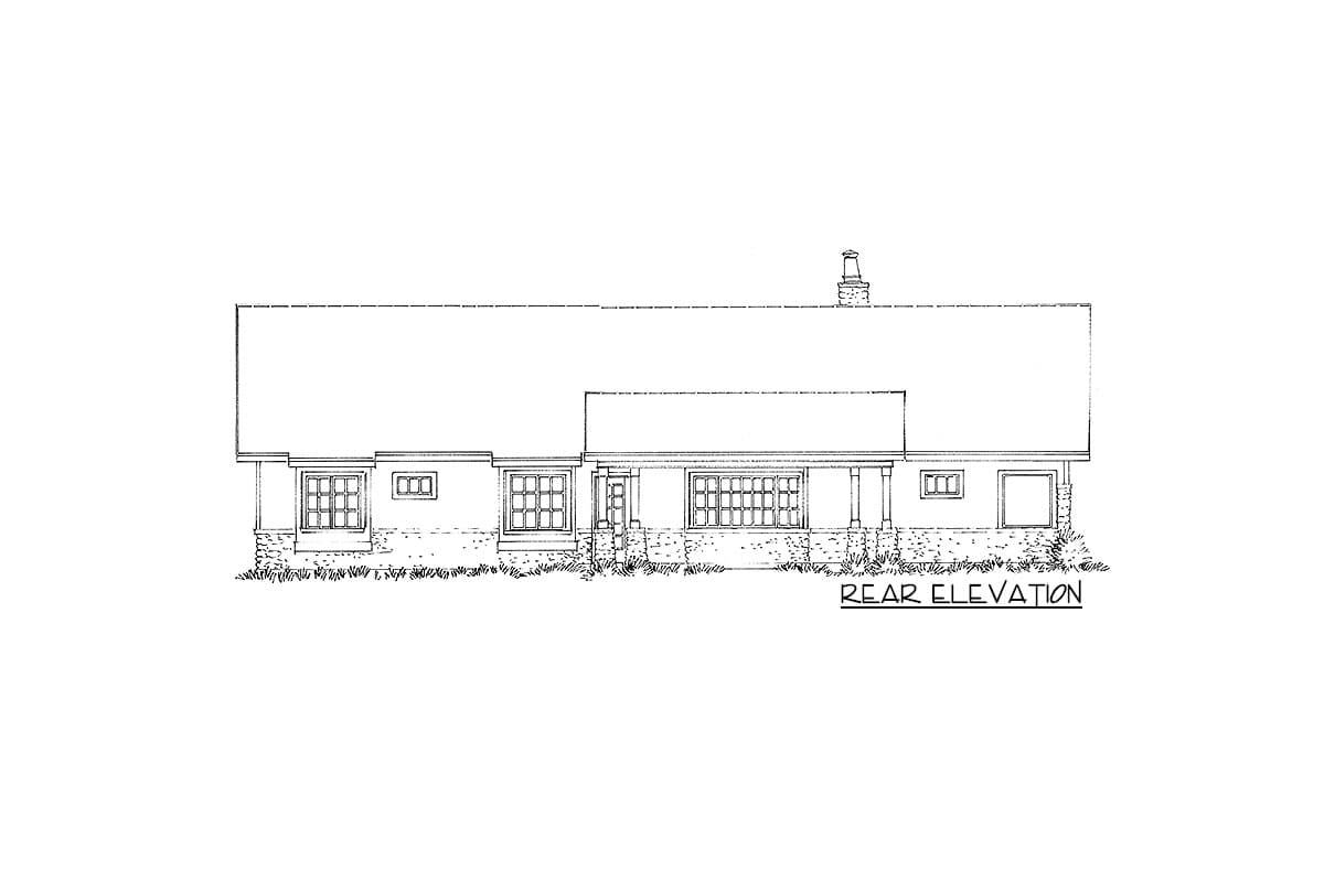 Rear elevation drawing of a single-story house plan with a hip roof, large windows, and a covered porch.
