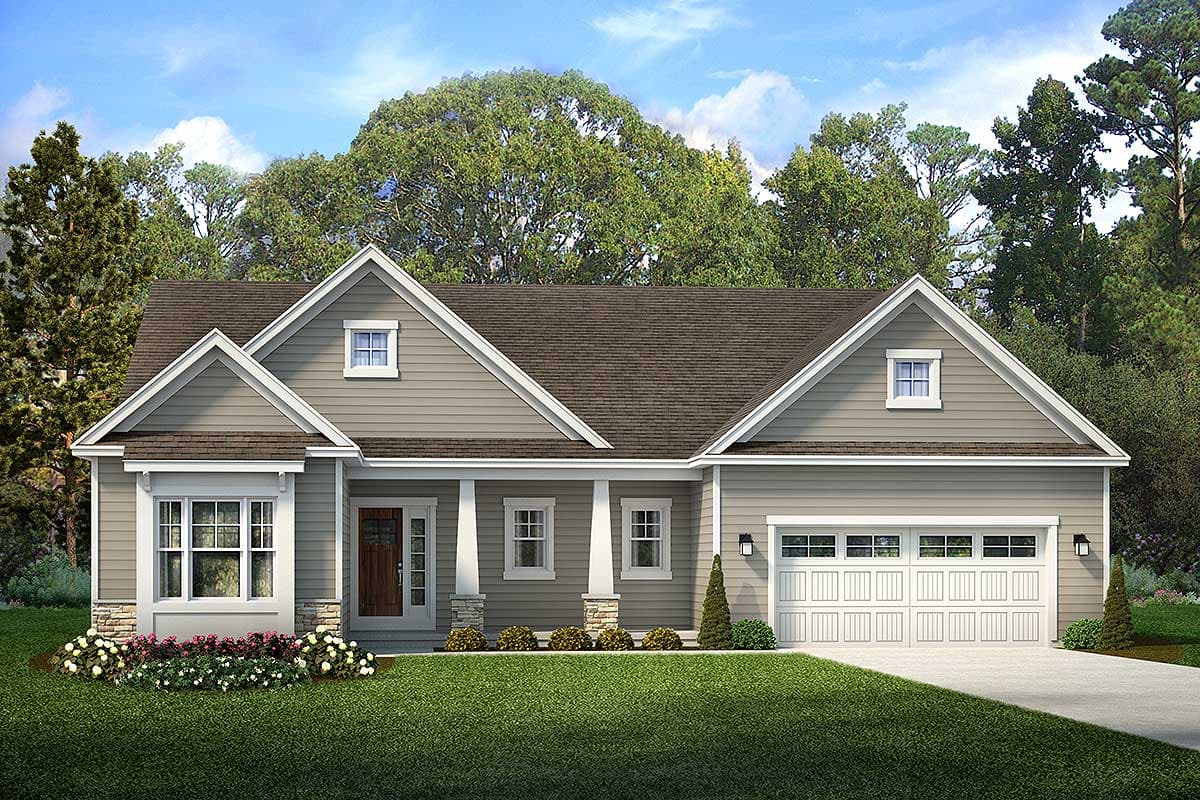 House plan exterior. Ranch style with multiple gables, front porch with columns, and attached garage. Two story. Shingle roof.