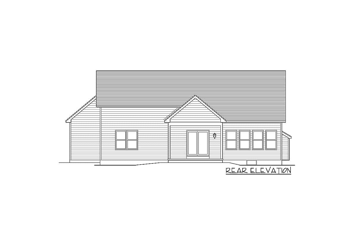 Rear elevation drawing of a single-story house plan with a gable, sliding door, and multiple windows.