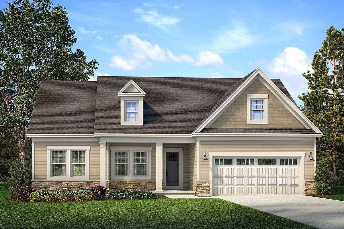 House plan exterior: Ranch style with covered front porch, dormer, and two-car garage. Stone and shingle accents.