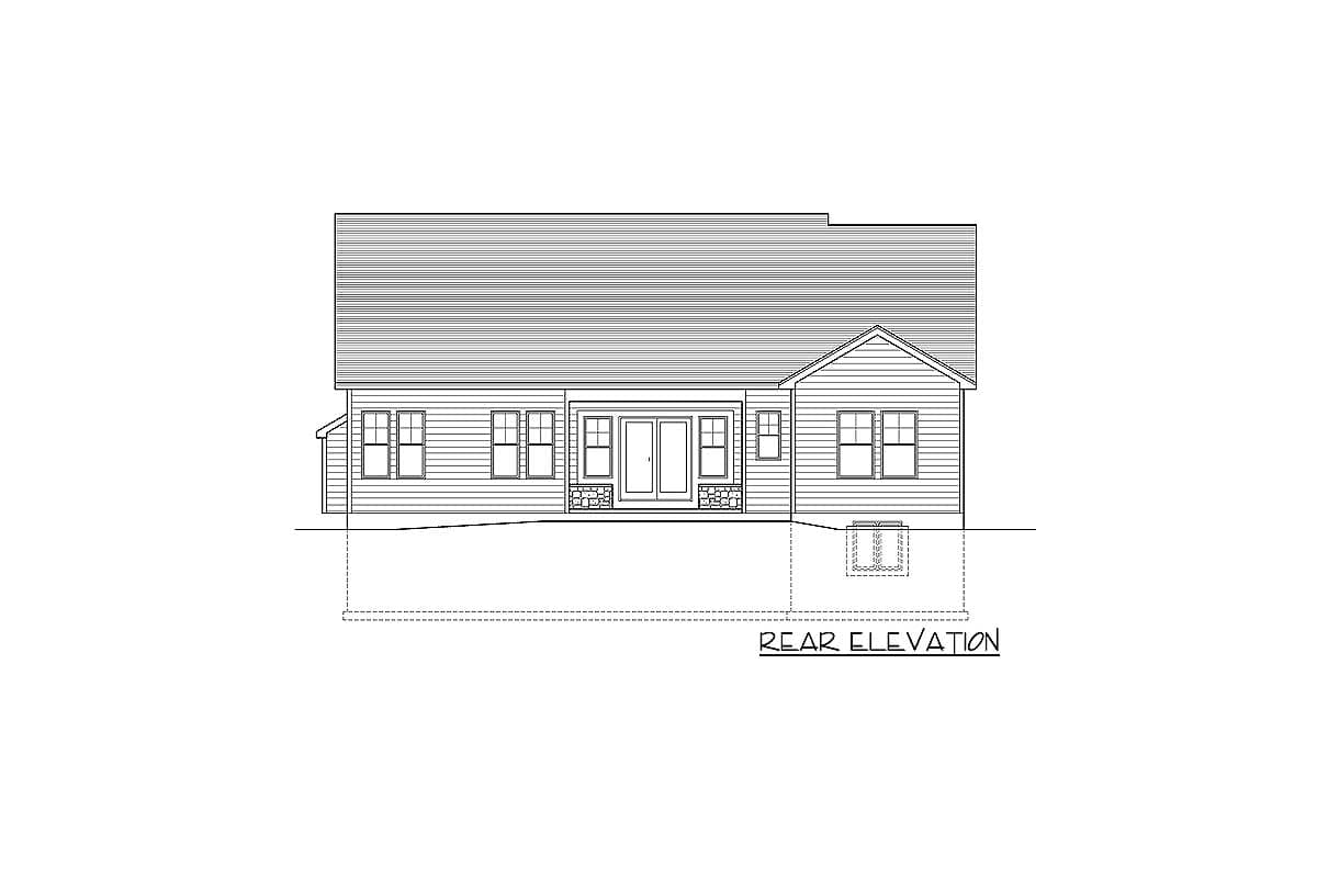 Rear elevation drawing of a one-story house with central double doors and symmetrical windows.