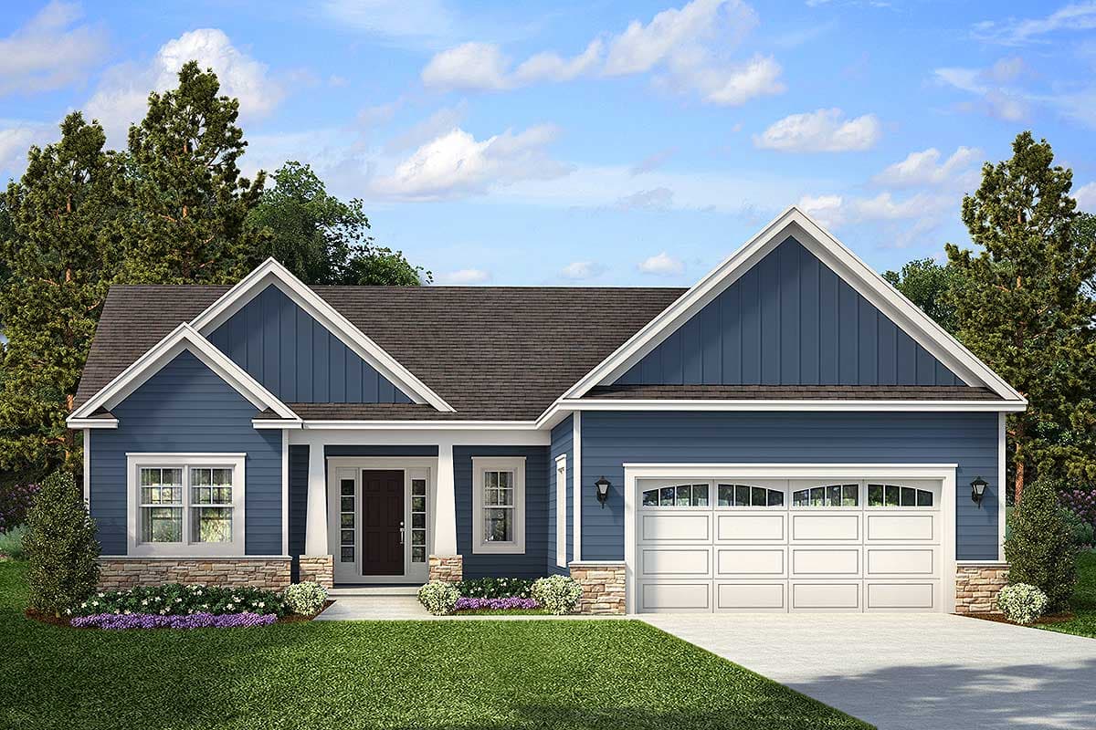 House plan exterior. Ranch style with multiple gables, stone accents, and an attached garage with carriage-style door.