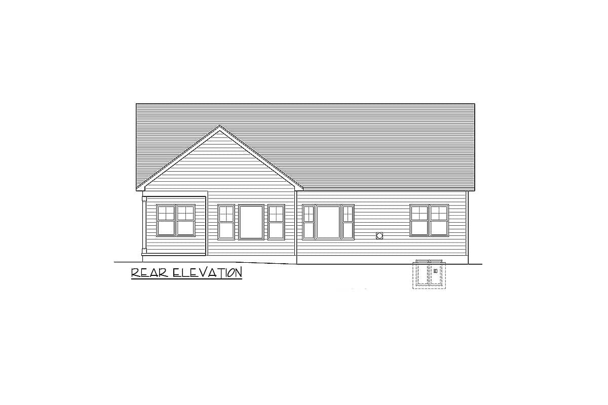 Rear elevation drawing of a single-story house with horizontal siding, a prominent gable, and multiple windows.