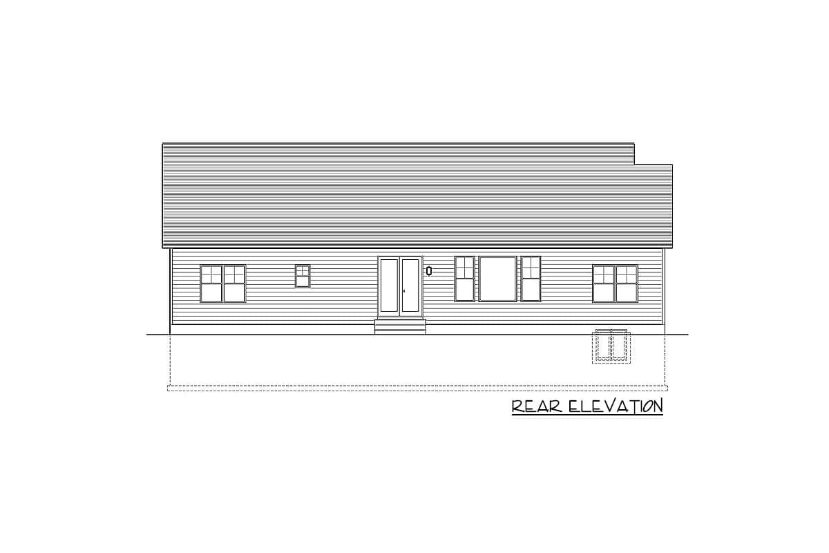 Rear elevation drawing of a single-story house with horizontal siding, a central door, and multiple windows.