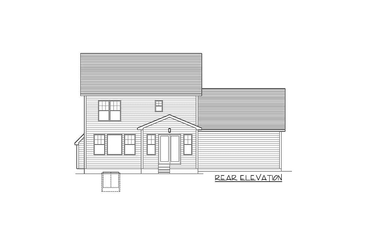 Rear elevation house plan with double doors, multiple windows, and a gabled entrance porch.
