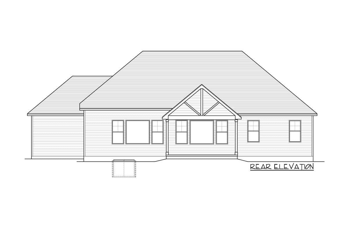 Rear elevation drawing of a house plan, showing a prominent gable with exposed rafter tails and a large hipped roof.