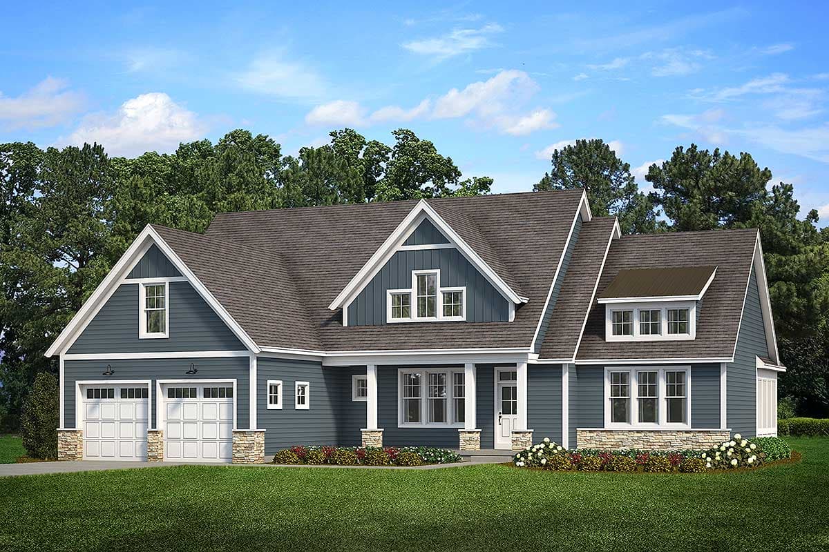 House plan exterior. Two-story Modern Farmhouse with gables, a covered porch, and a dormer. Features a two-car garage.