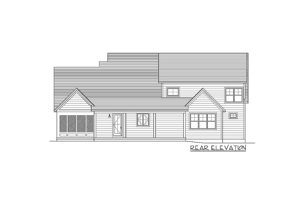 Rear elevation drawing of a two-story house plan with a screened porch, gabled dormers, and varied rooflines.