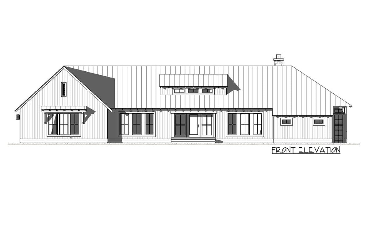 Front elevation drawing of a single-story house plan with a metal roof, gabled dormer, and multiple windows.